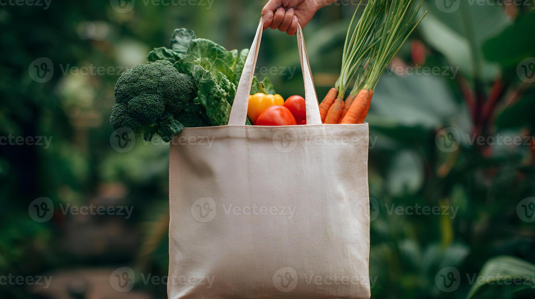 Eco-friendly grocery shopping promoting sustainable living and a healthy lifestyle with fresh produce inside a reusable bag photo