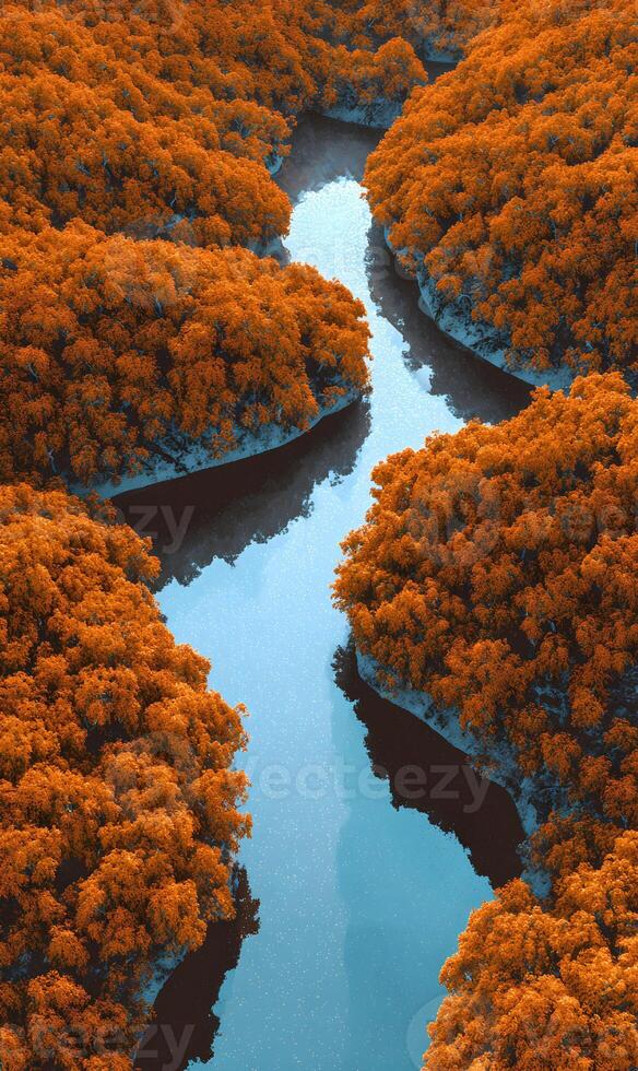 Autumnal River Flowing Through Vibrant Forest Landscape Creating a Serene Natural Scene Reflecting Calmness photo