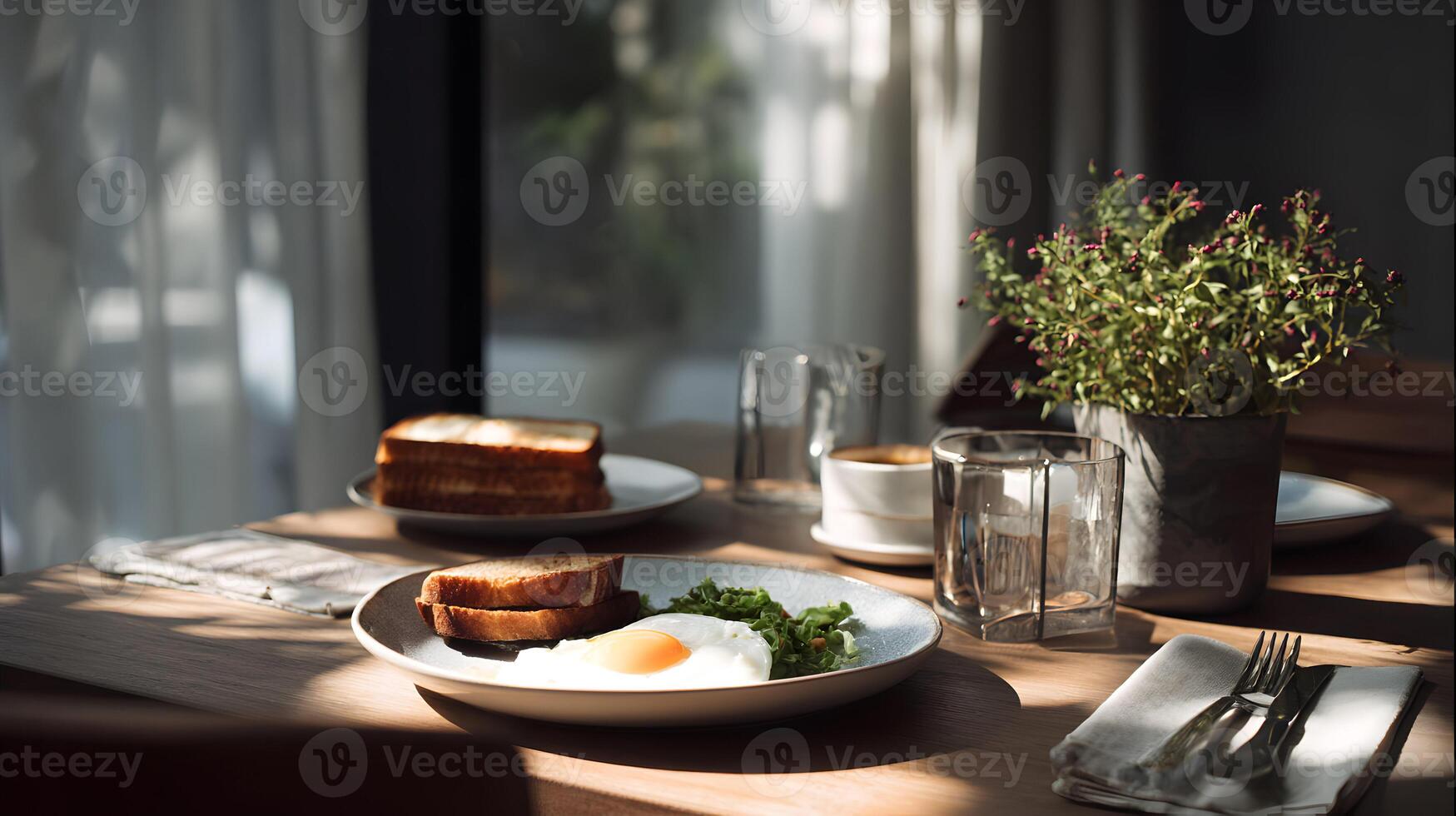 Sunlit breakfast featuring toast, fried egg and greens served with coffee in a relaxed atmosphere photo