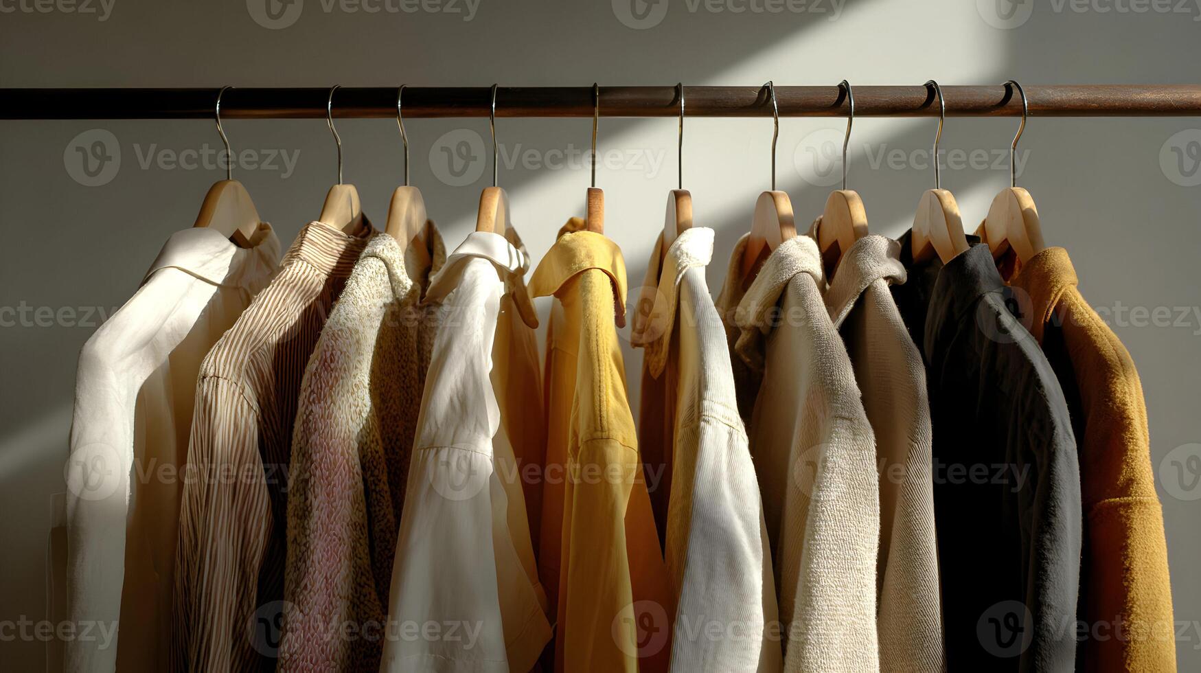 Clothes on a hanger in the sunlight, stylish garments, elegant apparel, modern fashion and home decor photo