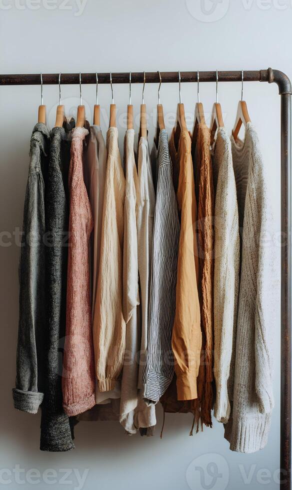 Minimalist wardrobe collection featuring an array of stylish and sustainable clothing pieces on a rack display photo