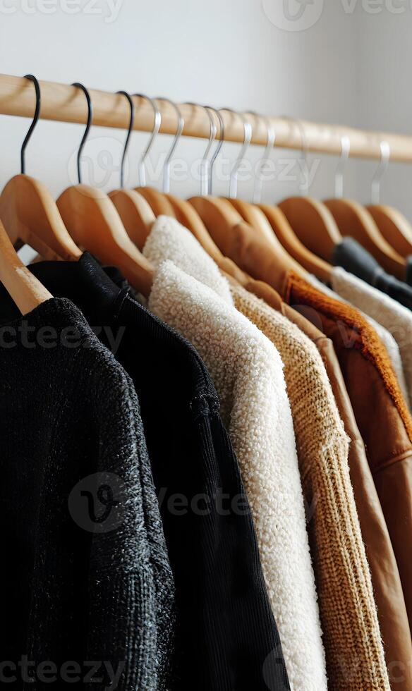 Closet showcase wooden hangers neatly displaying an array of diverse sweaters and jackets apparel collection ready photo