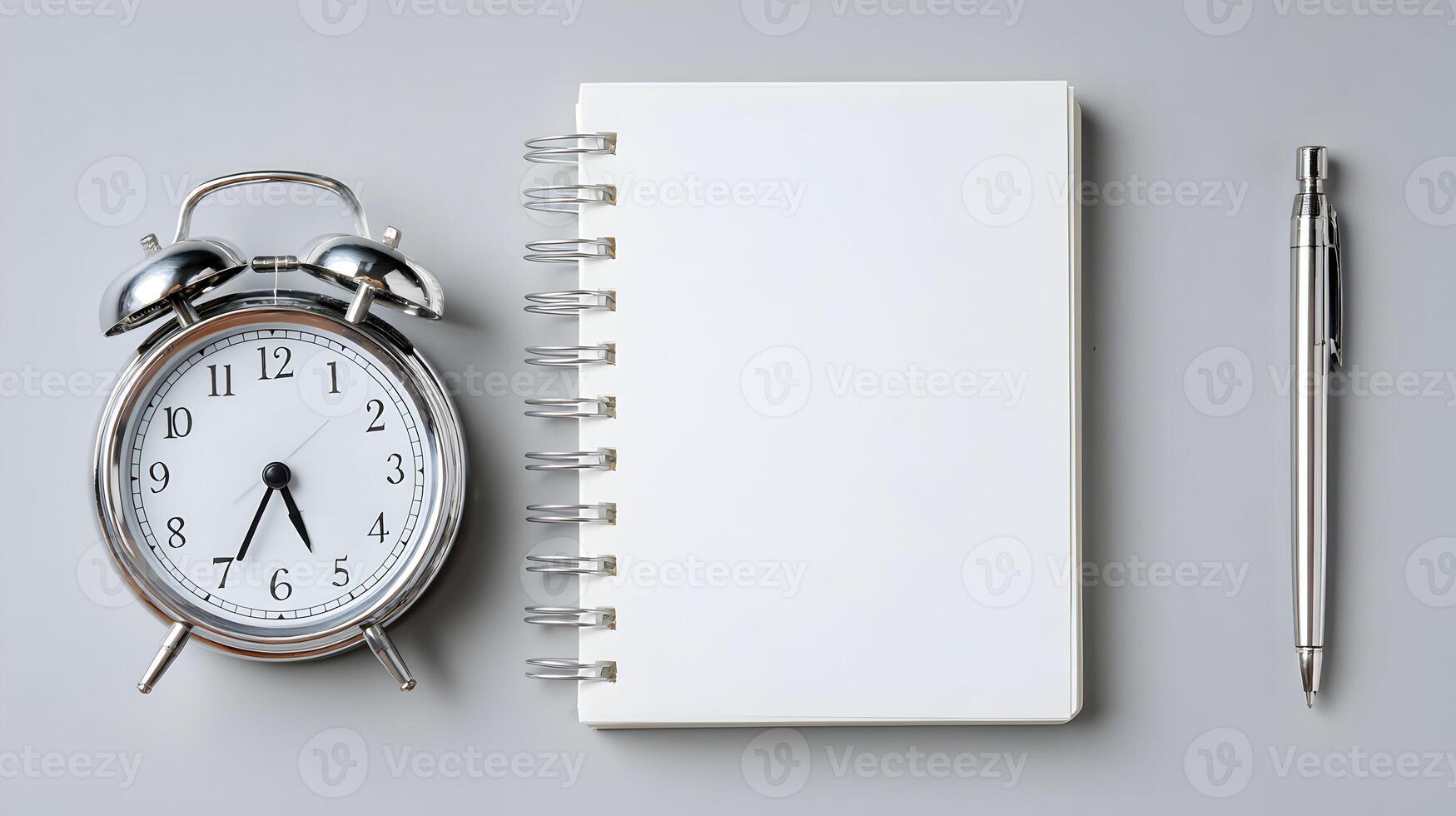 A minimalist workspace featuring an alarm clock notebook and pen perfect for time management notes photo