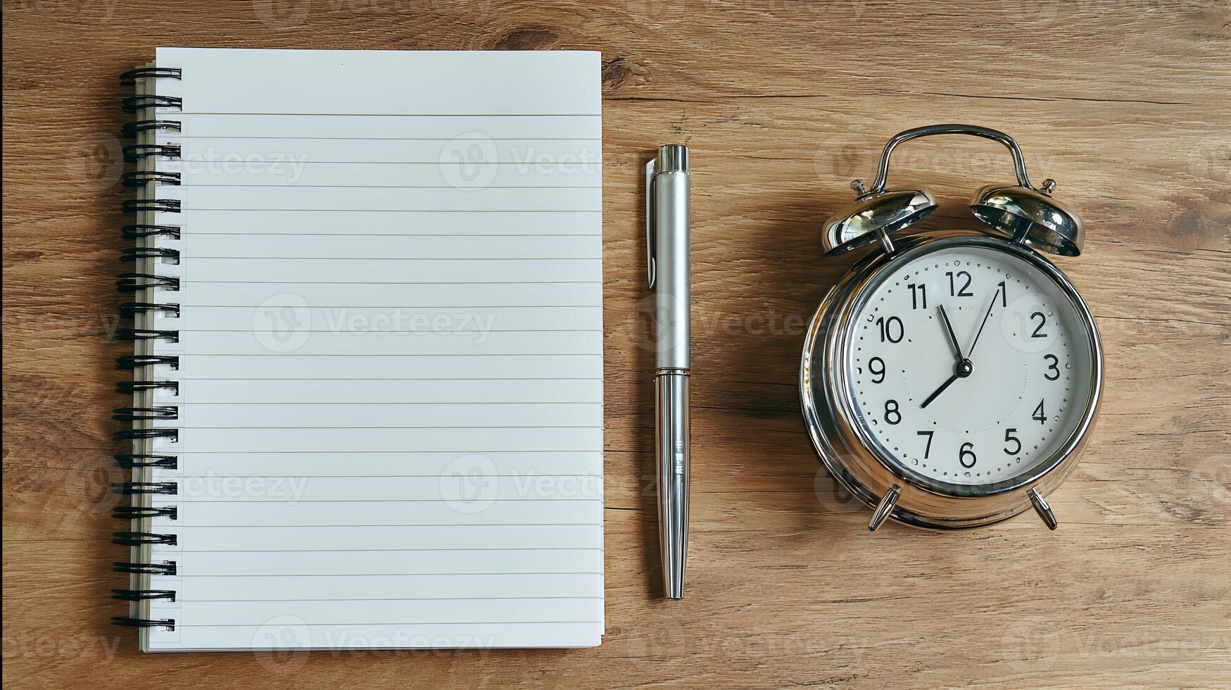 Notepad pen and alarm clock on wooden table ready for business work or studying time management photo