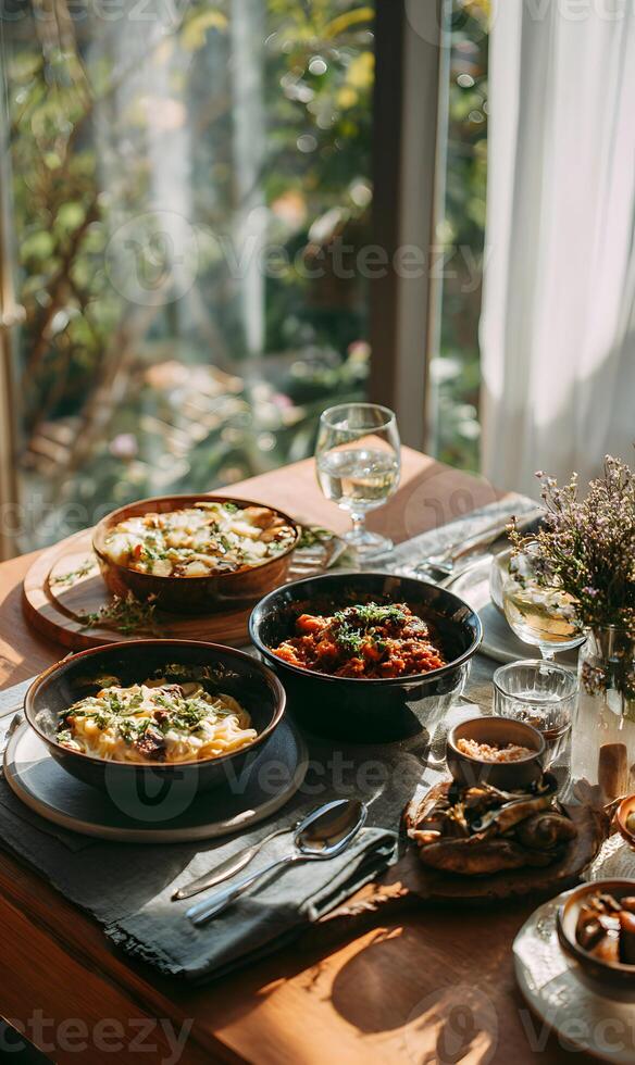 Delicious meal presentation featuring pasta dishes and snacks on a table bathed in natural light near a window photo