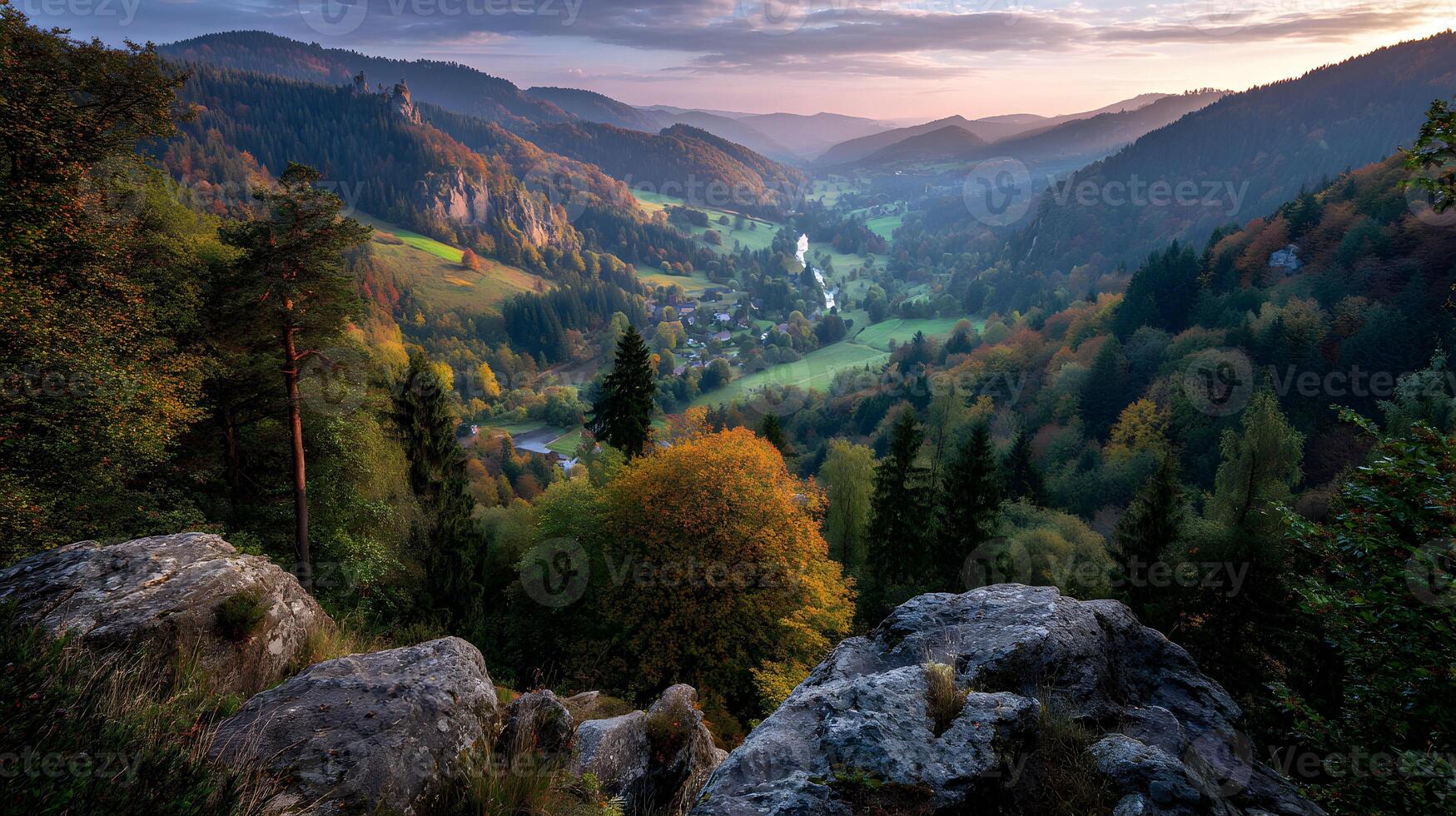 Autumnal splendor unfolds across a valley painting the landscape with vibrant hues of fall foliage photo