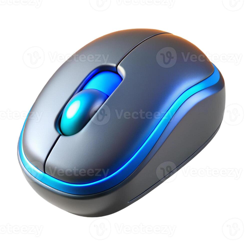 A close up view of a modern gray computer mouse with blue accents on a white background studio shot 3d icon photo