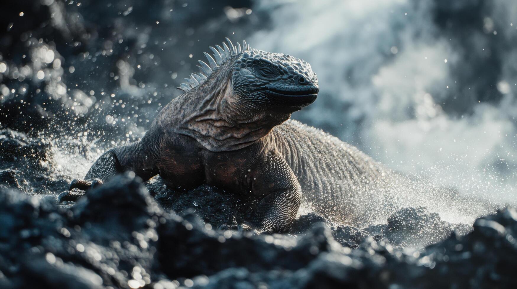 Primordial Lizards Basking Along Magma Coastline photo