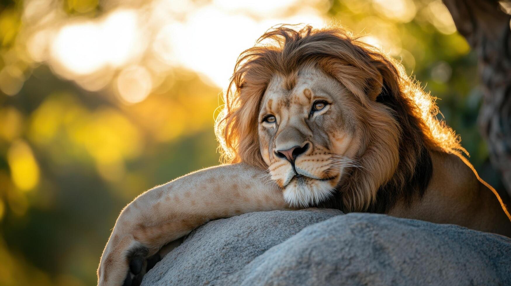 Regal Lion Lounging Across the Sun Lit Savanna Plain photo