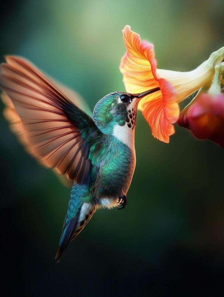 Shimmering Avian Drinker Sipping From Vibrant Blossoms photo