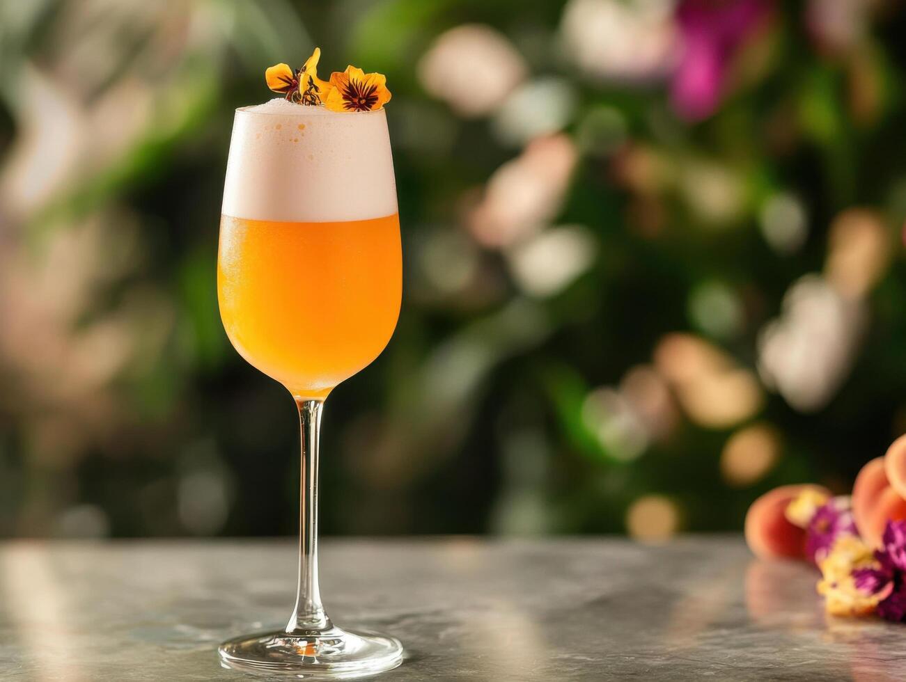 Sparkling Summer Brunch Drink Peach Bellini With Bubbly Wine photo