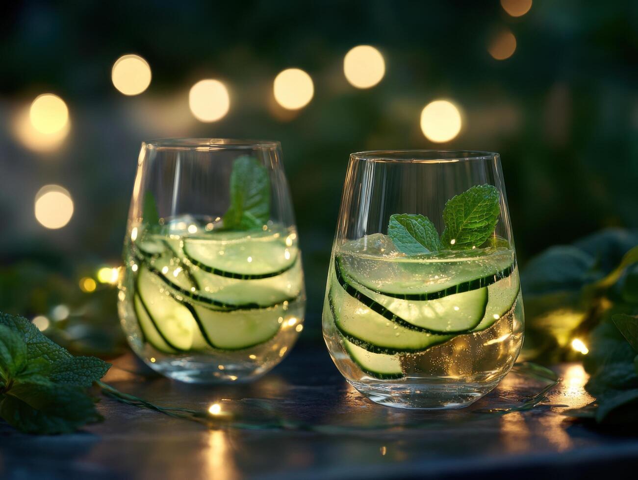String Lights Evening Gin Spritzer with Crisp Mint and Cucumber photo