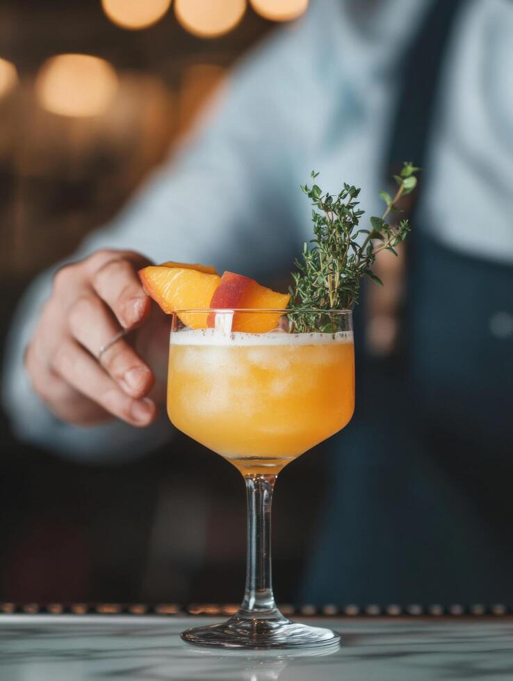 Summer Peach Bellini With Fresh Thyme and Bubbly Touch photo