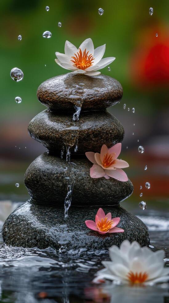 Tranquil Stone Balancing Platform Featuring Water Streams photo