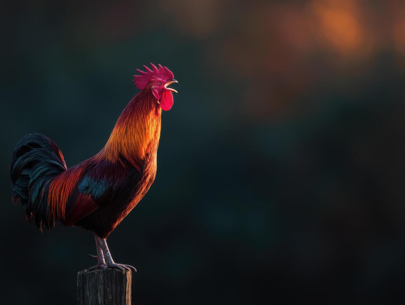 A beautiful rooster makes its call during the early sunrise hours photo