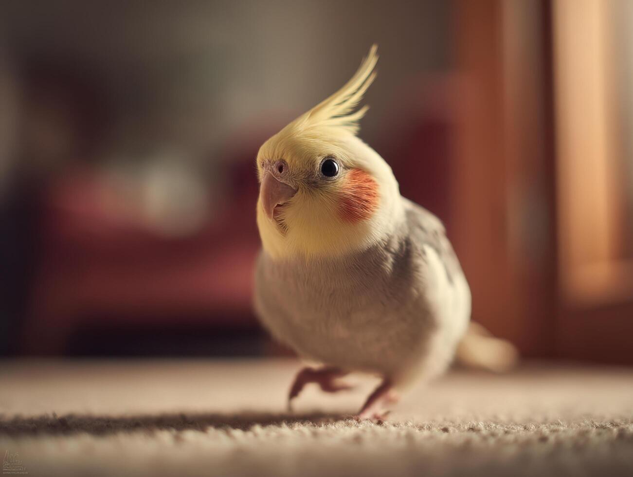 A cheerful small cockatiel dashes playfully over the tabletop area photo