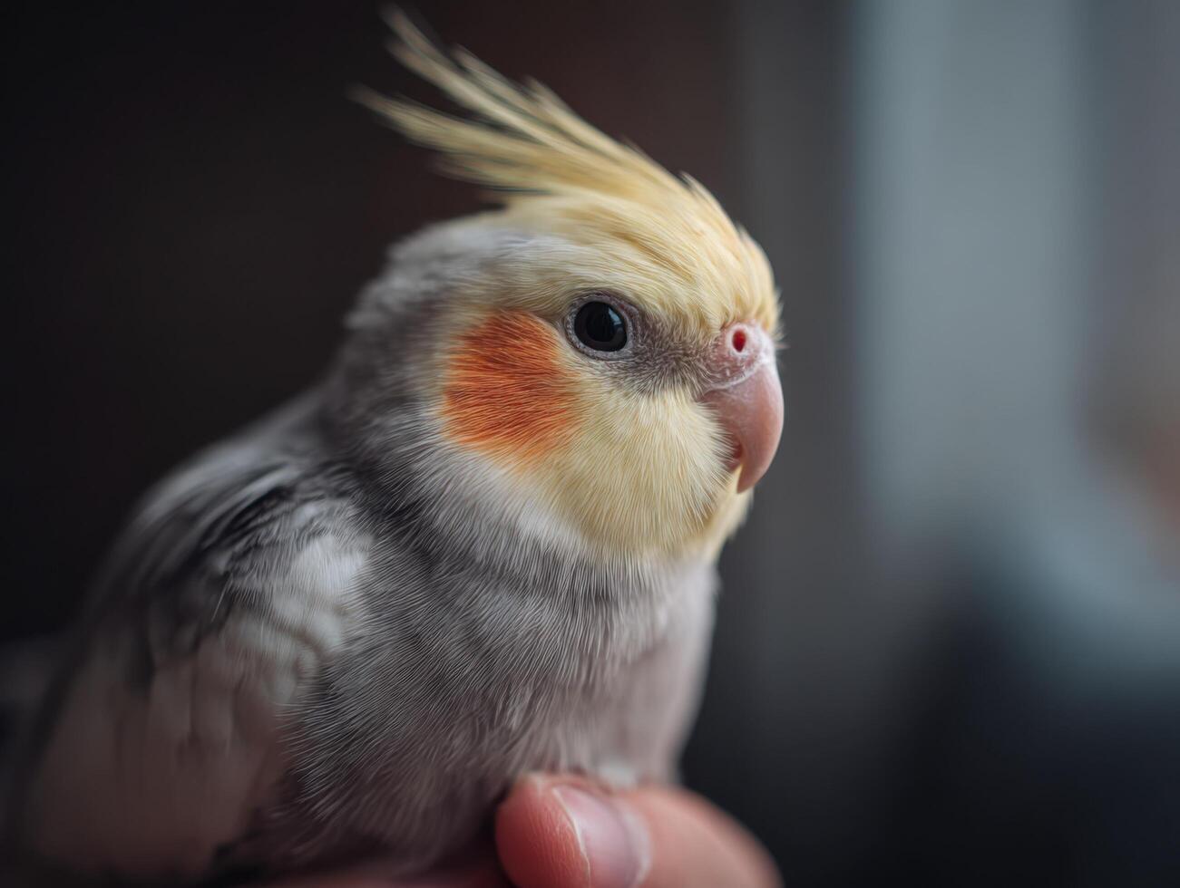 A cheerful small cockatiel cleans its plumage on a friendly finger photo