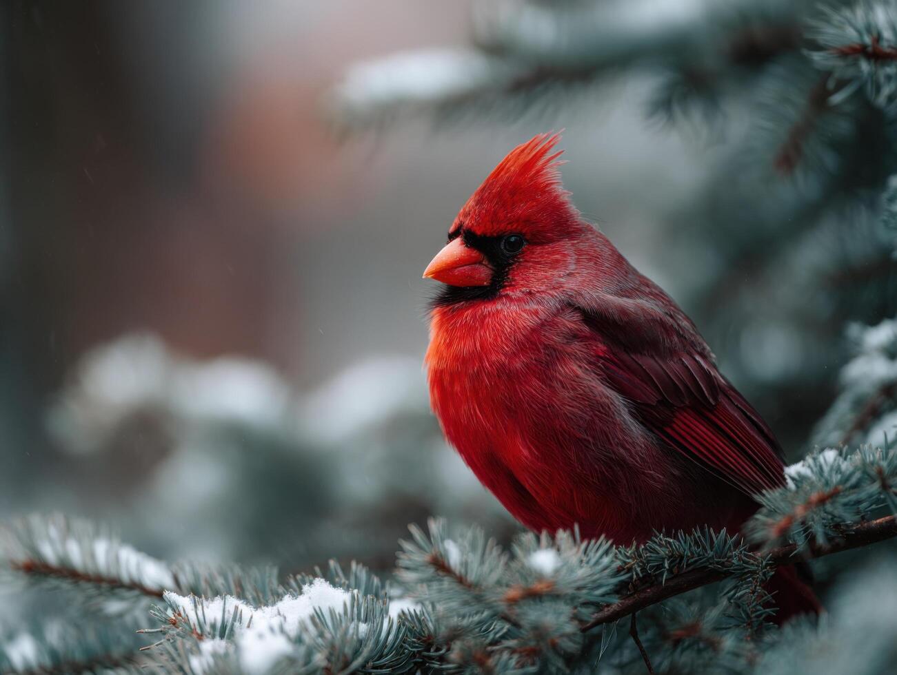 A beautiful northern cardinal in brilliant red on a snowy background photo
