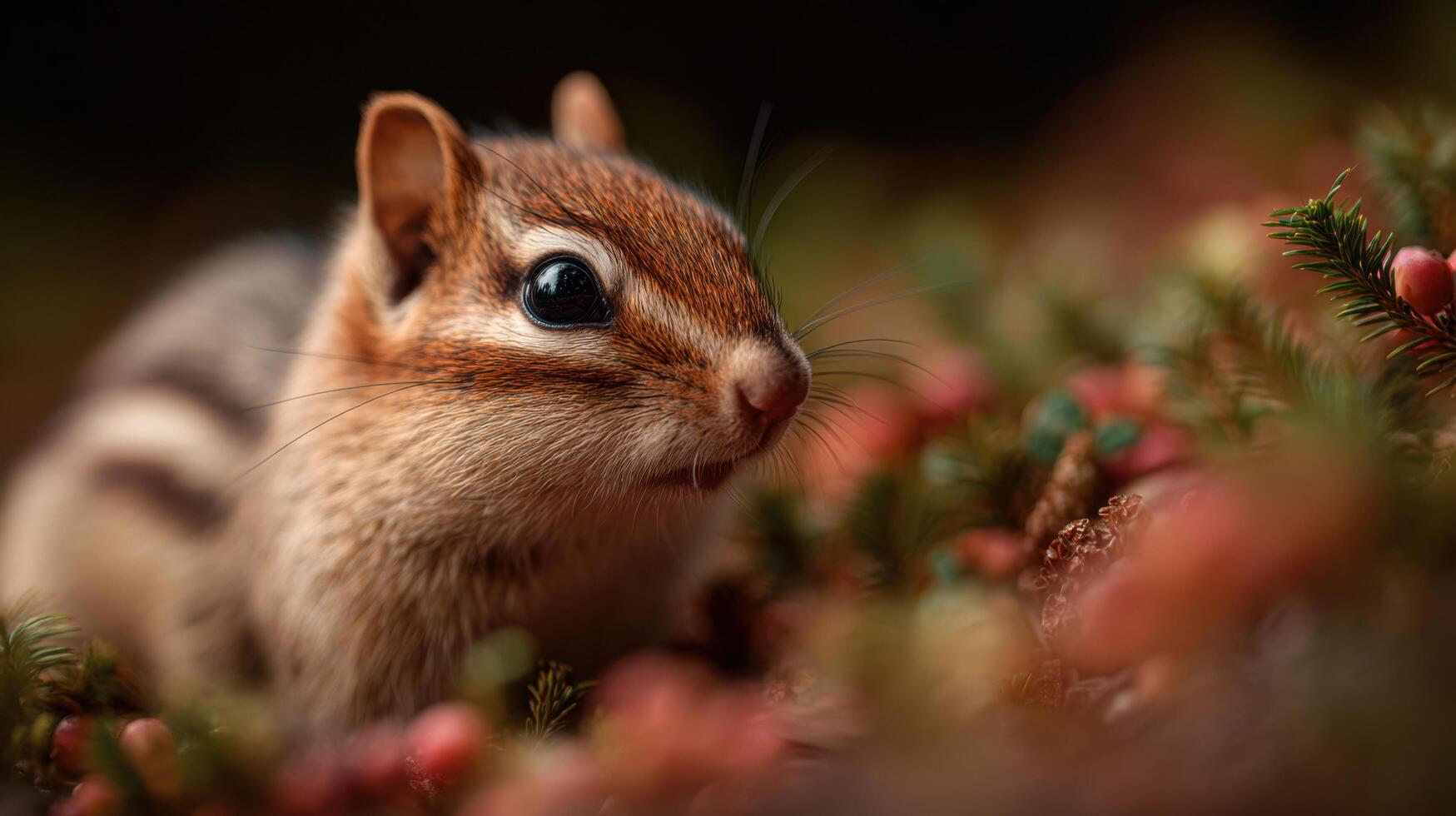 A cute chipmunk forages for sweet berries in a forest setting photo