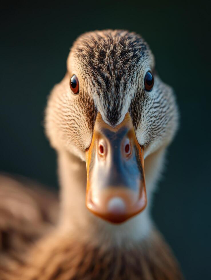 A curious pet duck with sparkling eyes gazes at the pond photo