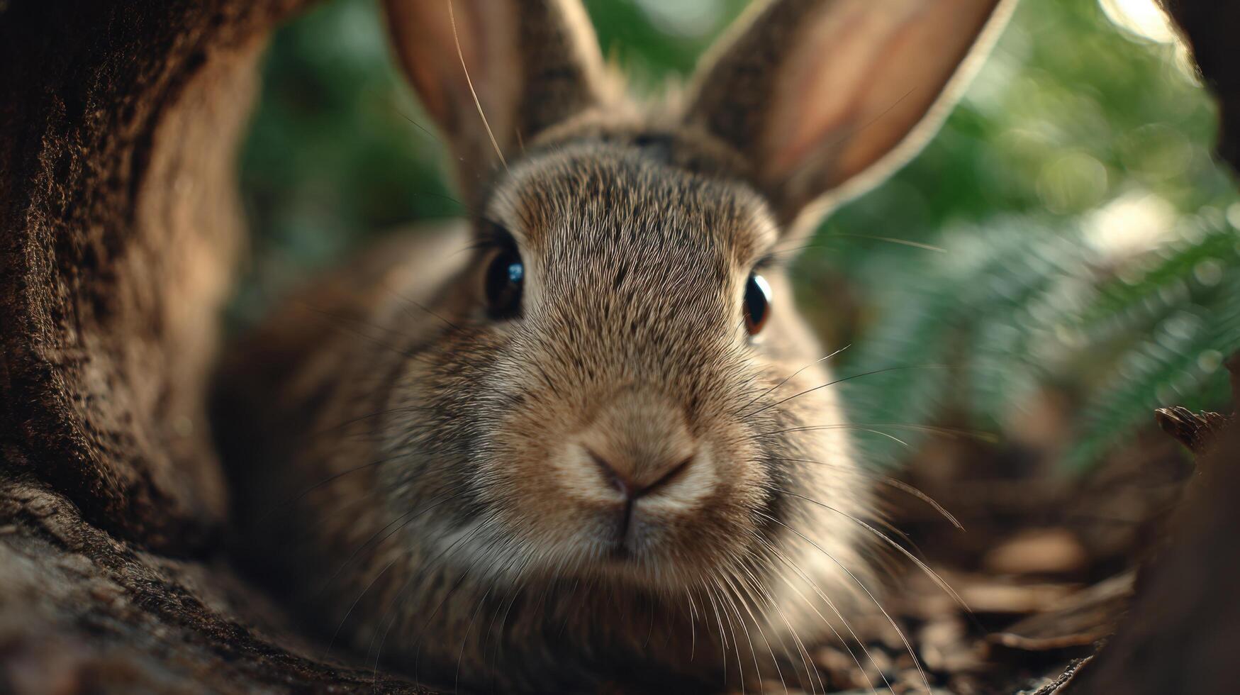 A cute fluffy rabbit curiously explores inside a fallen tree log photo