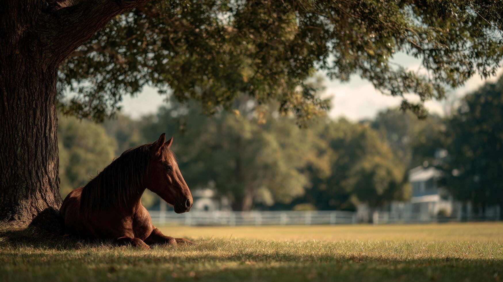 A beautiful farm horse rests calmly under the shelter of tree branches photo