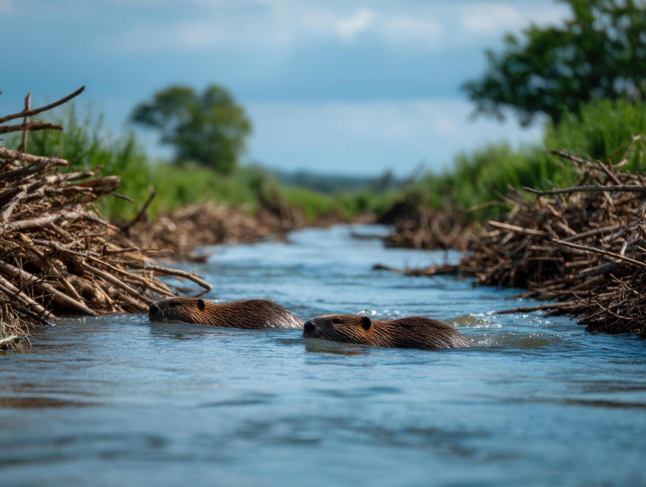 A beaver colony diligently works on their dam in the stream photo