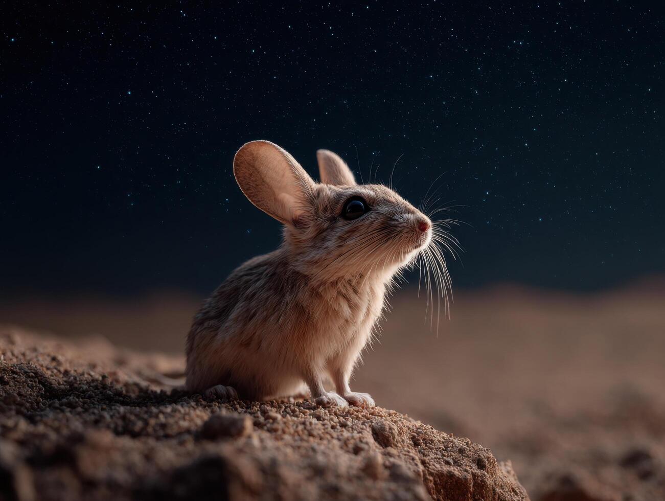 A cute jerboa rests attentively on a desert rock formation photo