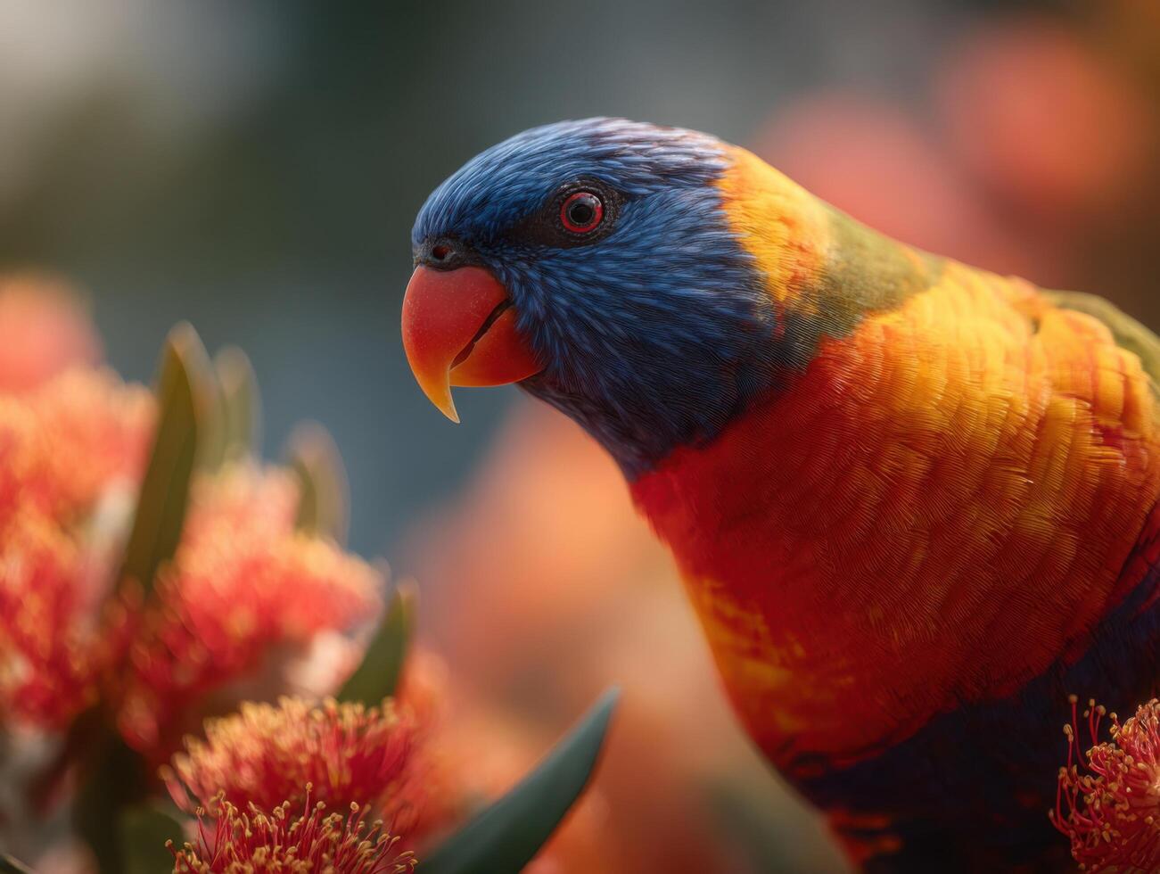 A bright lorikeet parrot sips nectar gently from beautiful flower photo