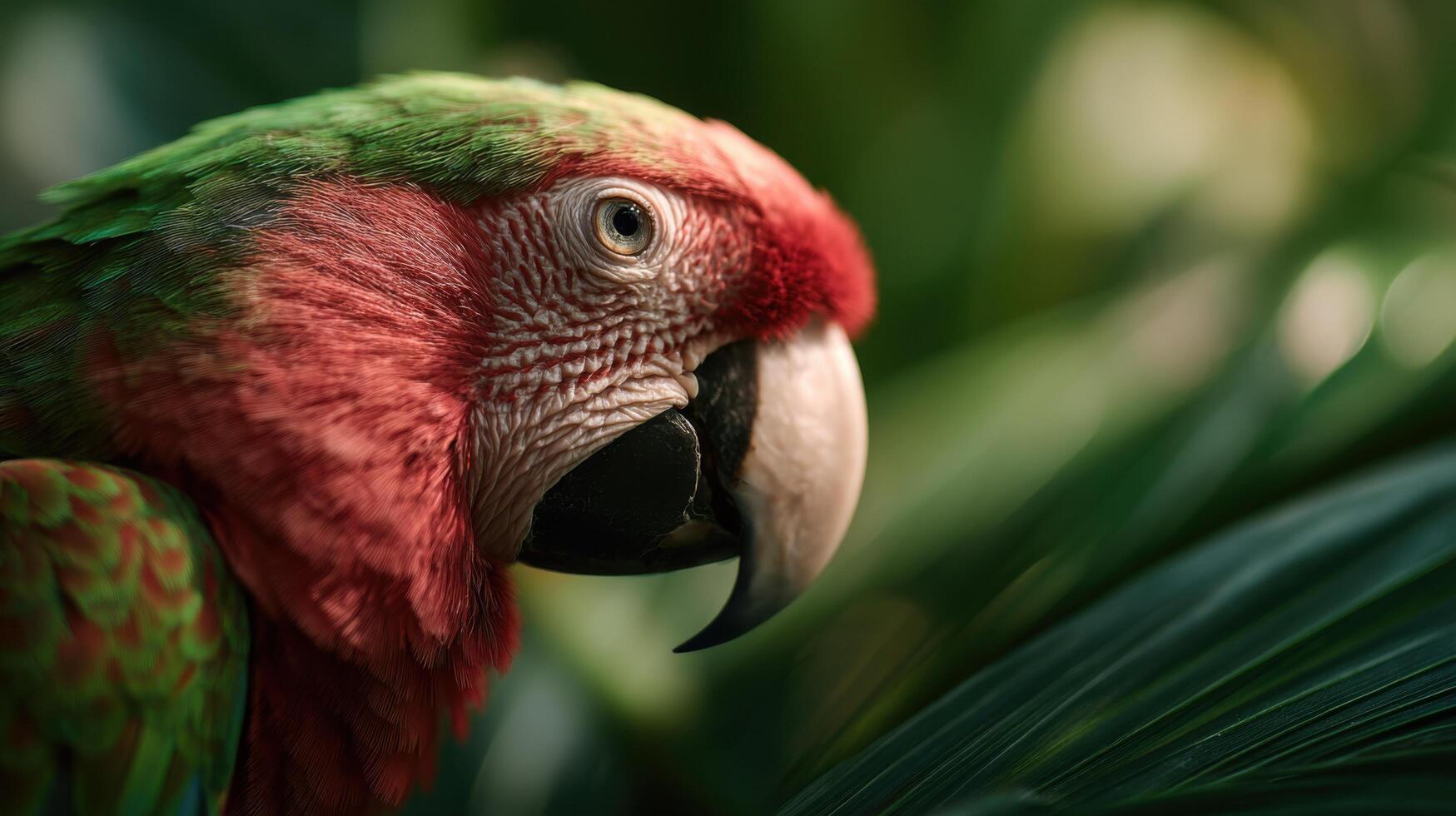 A bright parrot shows interest by softly feeling a large plant leaf photo