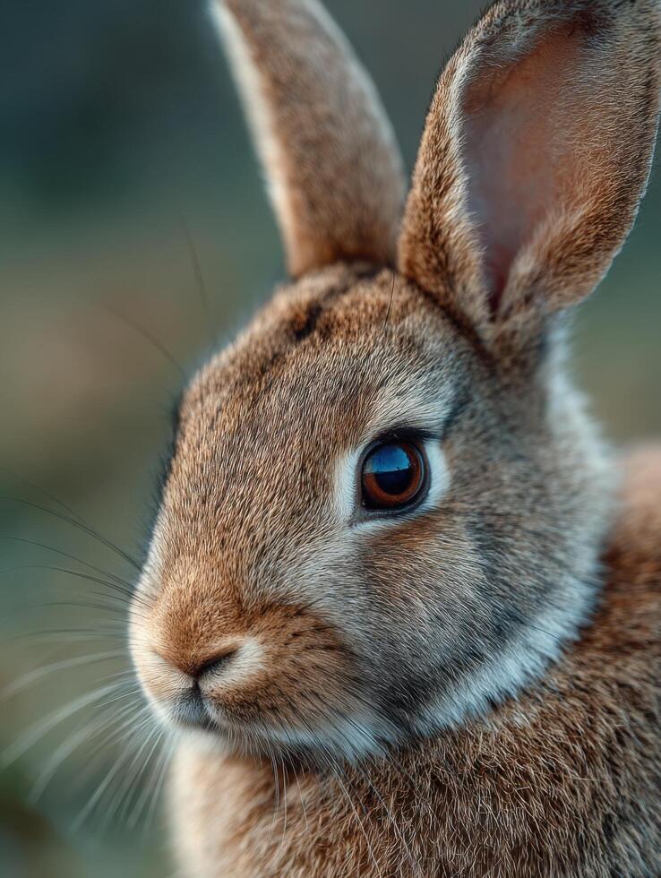 A cautious brown rabbit listening intently with ears fully erect photo