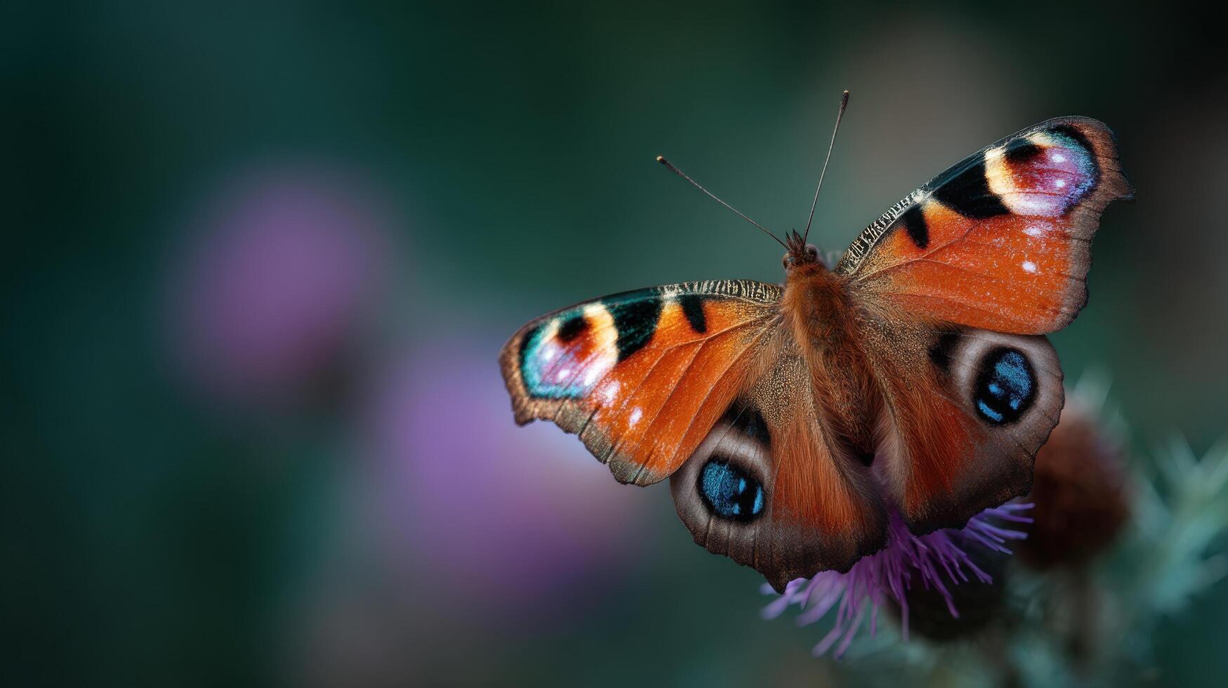 A colorful peacock butterfly feeds from a rich purple thistle head photo
