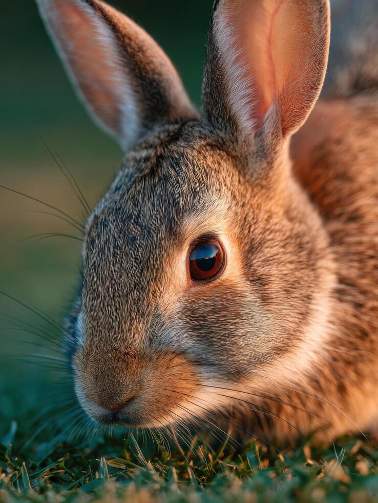 A calm eyed wild rabbit enjoys a meal of fresh green grass photo