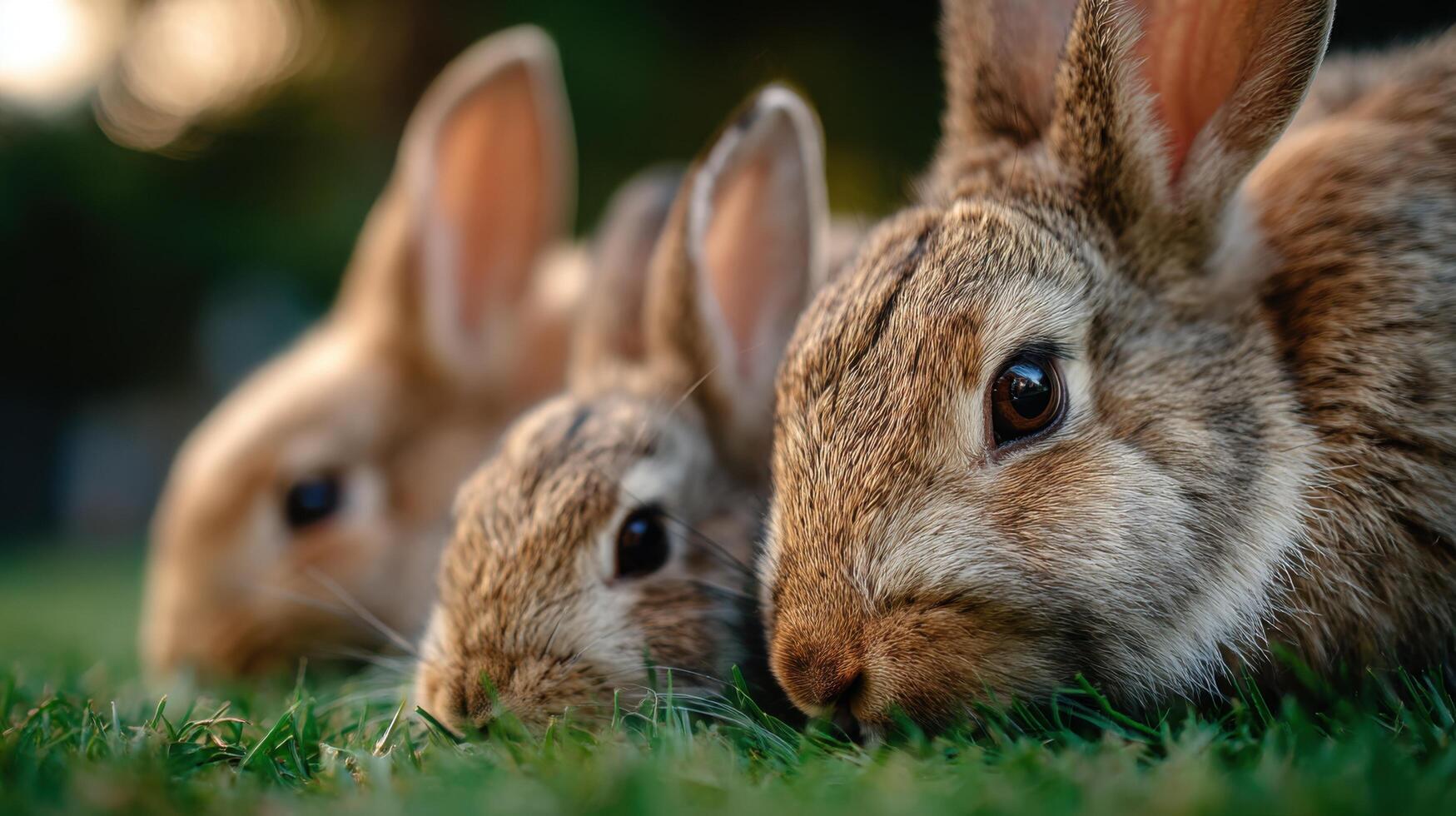 A calm home garden with a group of rabbits feeding on grass photo