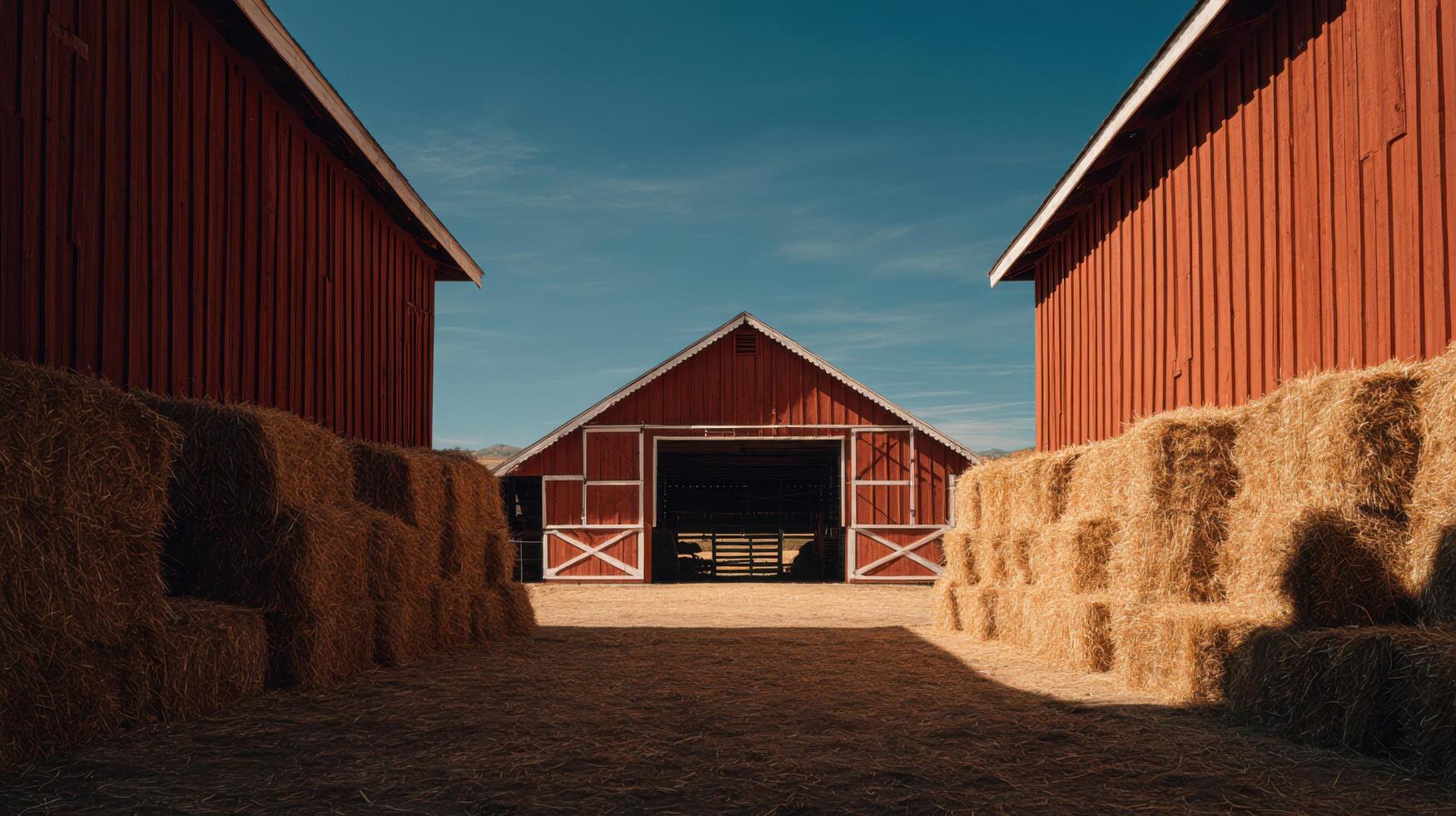A charming vintage red barn houses neatly arranged haystacks inside photo