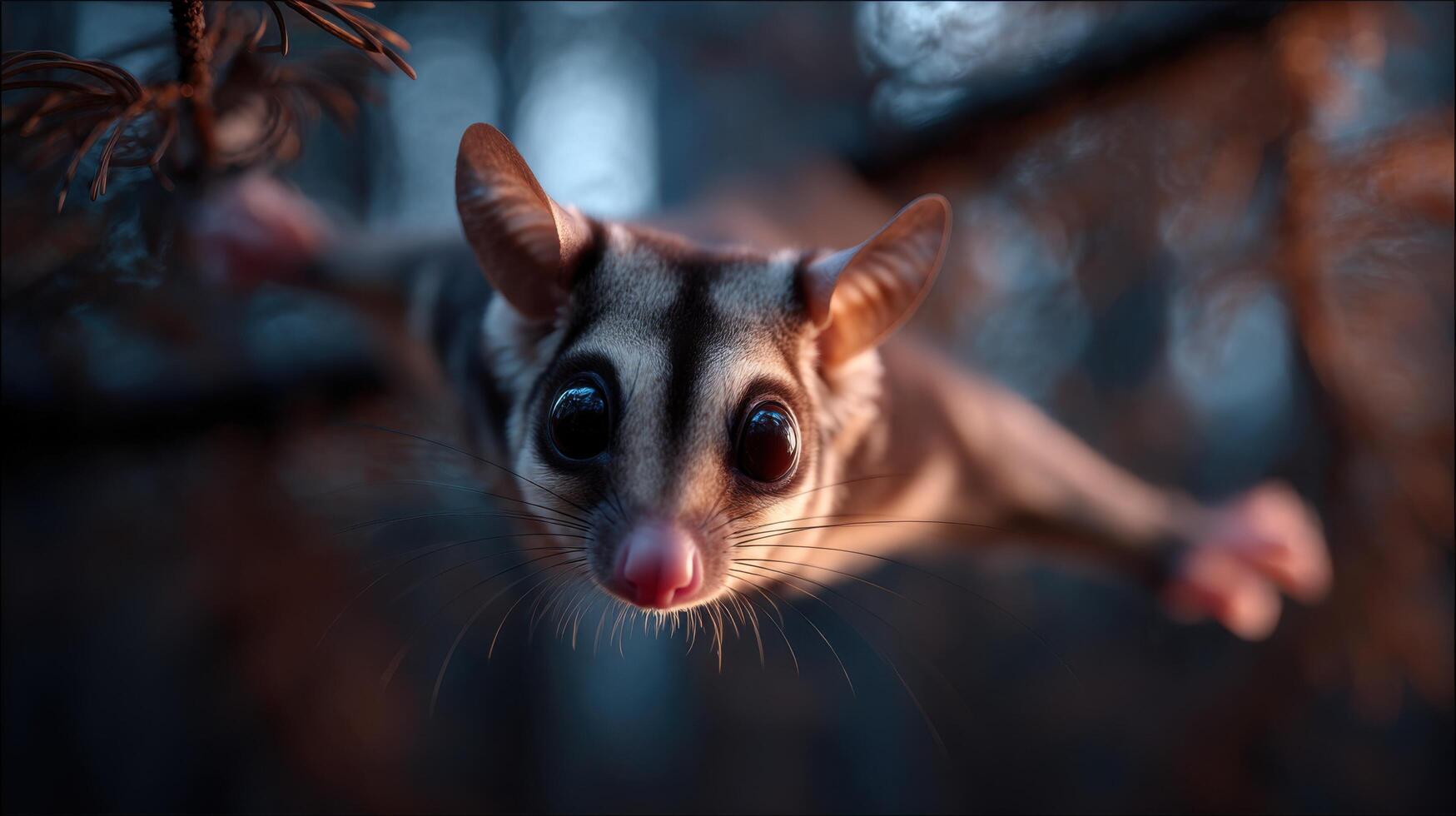 A cute sugar glider enjoys gliding between trees during dusk now photo