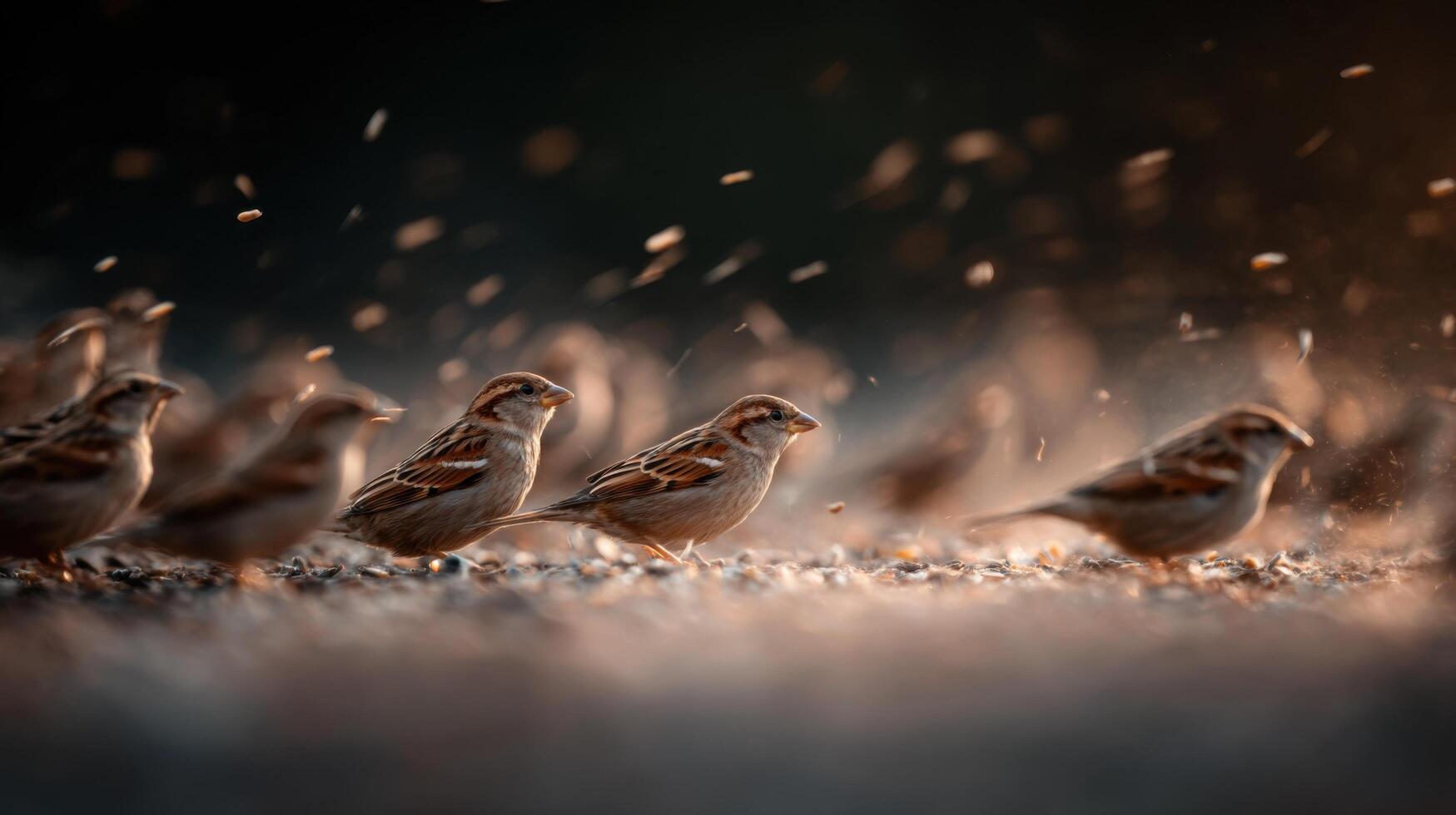 A group of sparrows actively seeks out seeds lying on soil surface photo