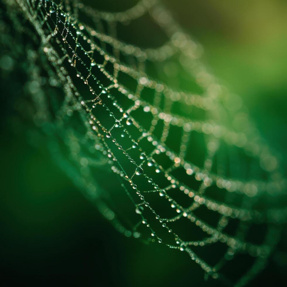 A fragile spider net glistens reflecting light from dew drops photo