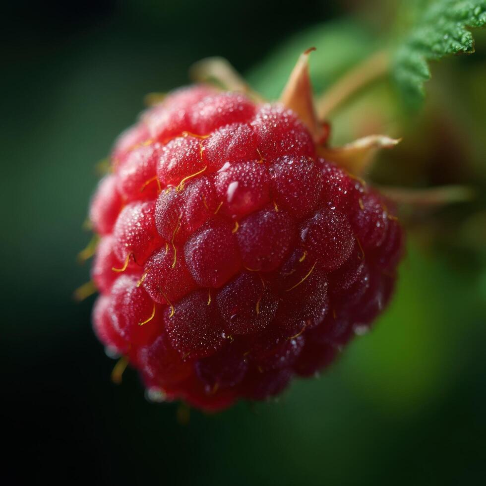 A detailed close up of a raspberry with dew drops clearly visible photo