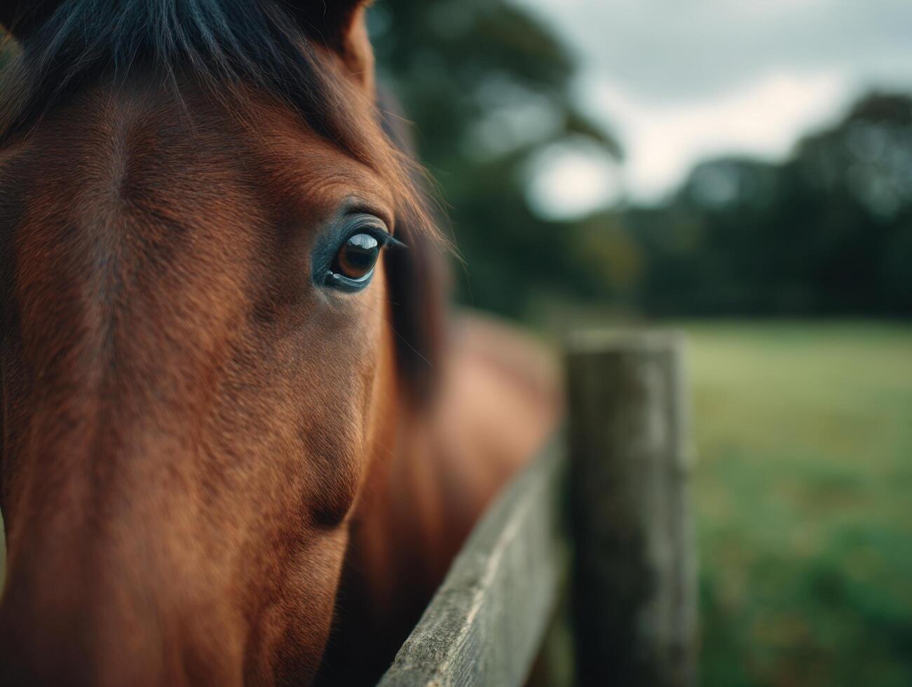 A friendly steed gently prods a rustic fence upright with interest photo