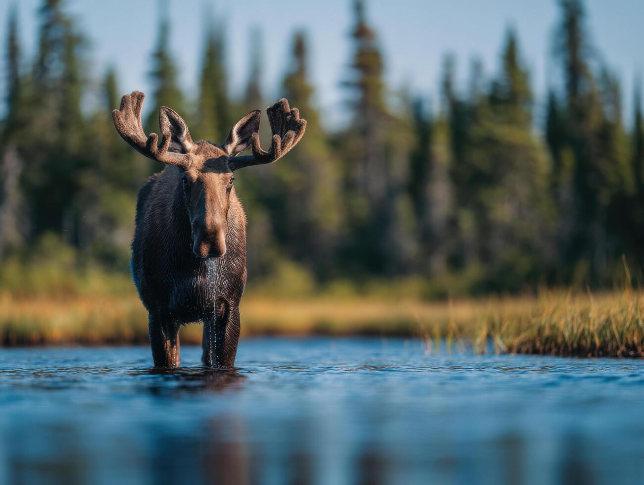 A giant moose is positioned firmly in the low water of a lake photo