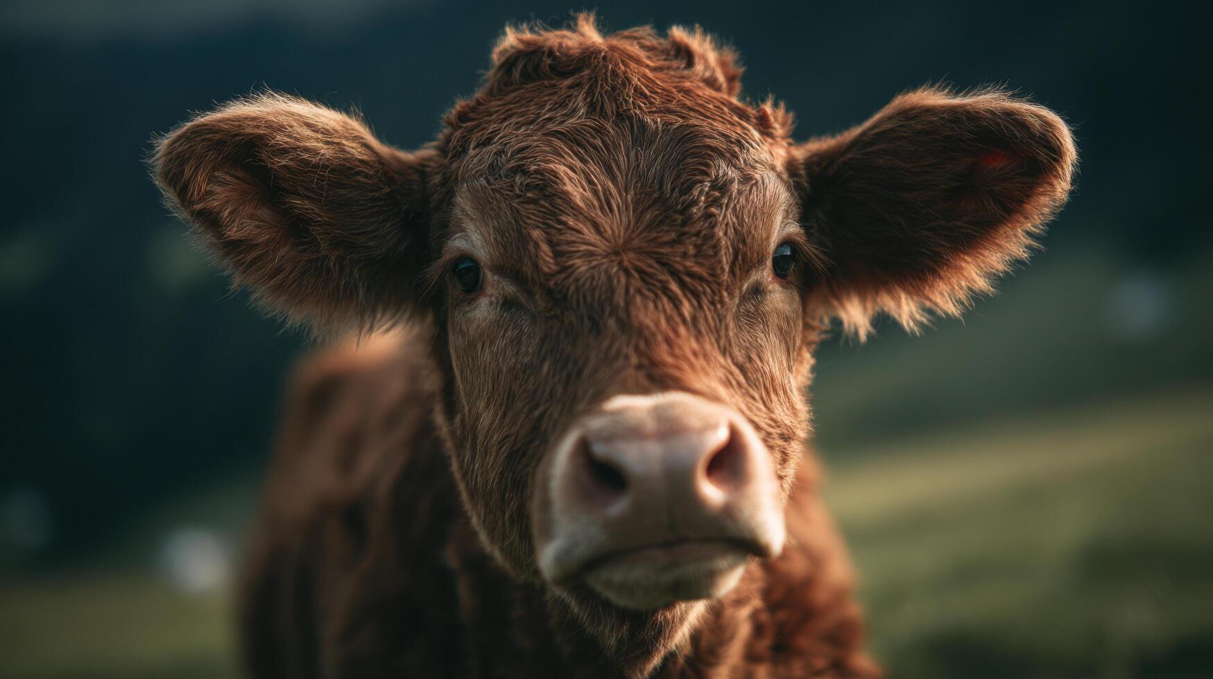 A happy brown farm cow is shaking its head in open pasture photo