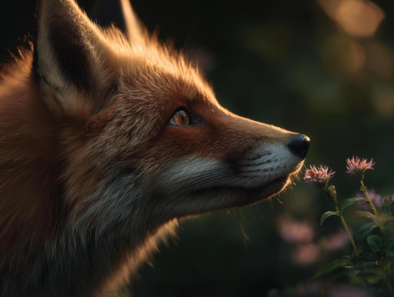A fox exploring the forest gently sniffs a blooming wild plant photo