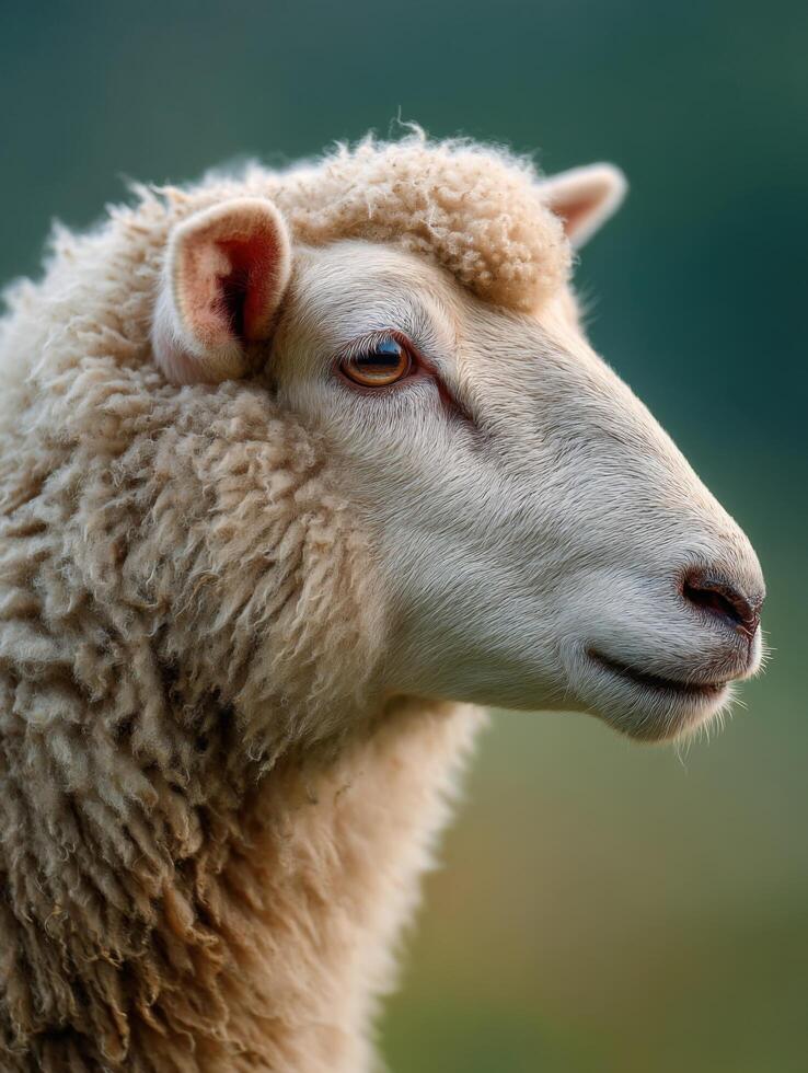 A gentle sheep showing calm behavior in wide green meadow photo