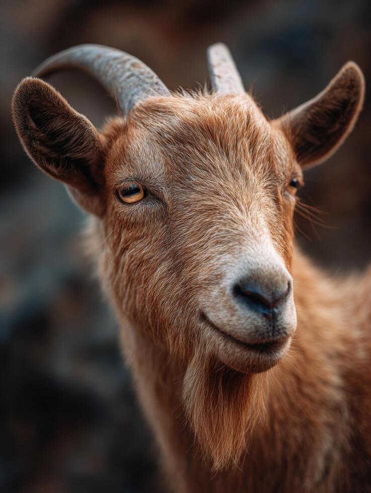 A goat with telling eyes and rough interesting fur appearance photo