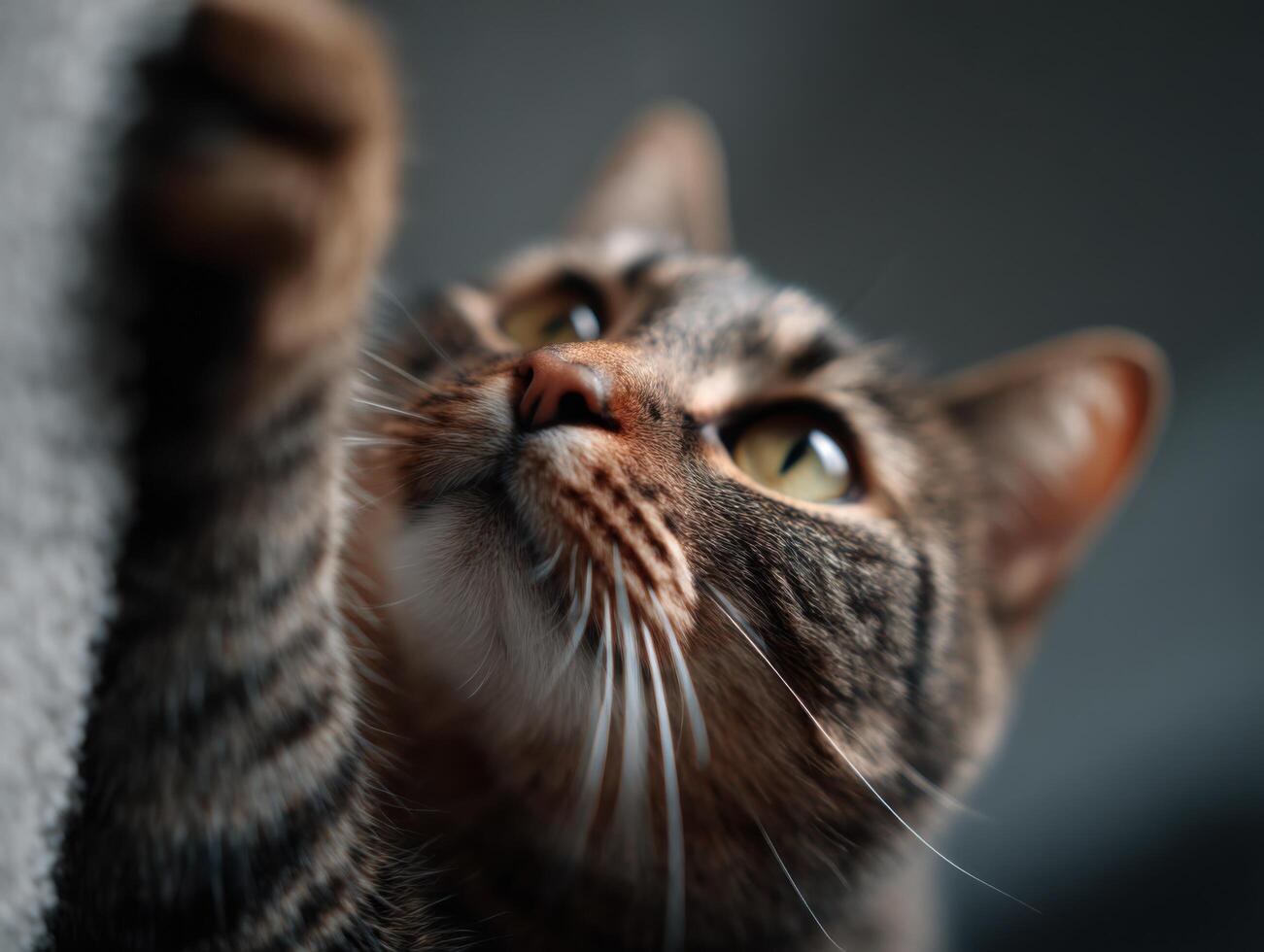 A playful house cat bats excitedly at a bright laser beam point photo