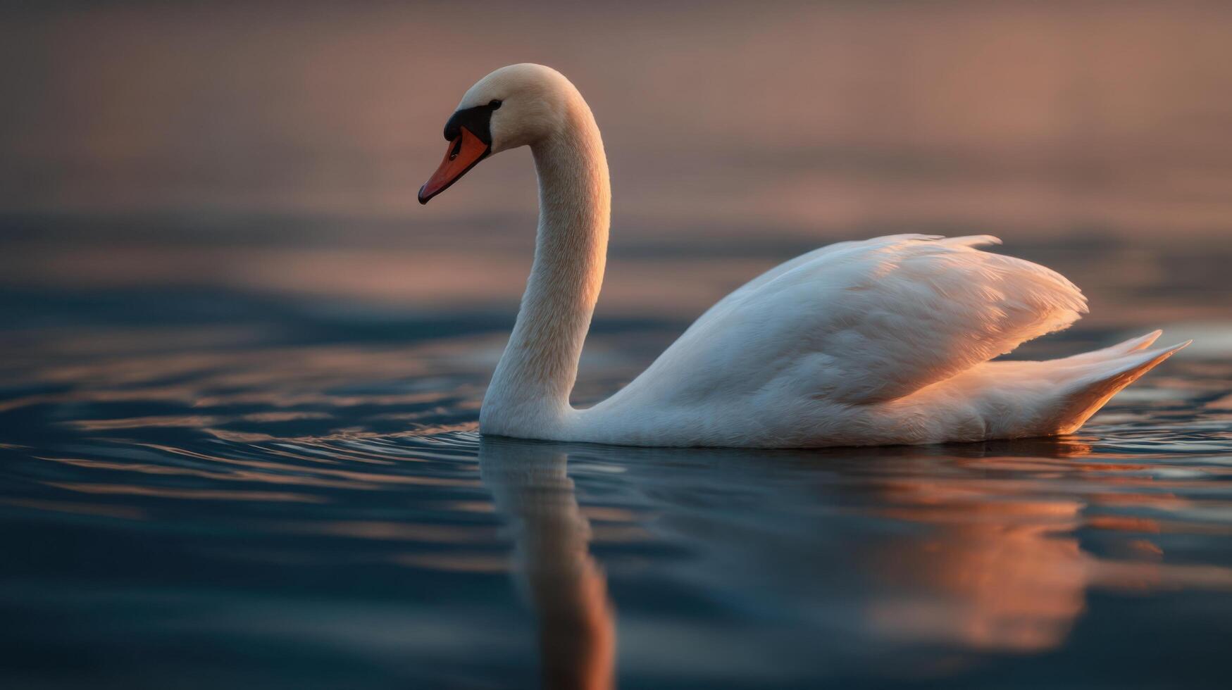 A majestic swan swims with elegance over calm golden lit water photo