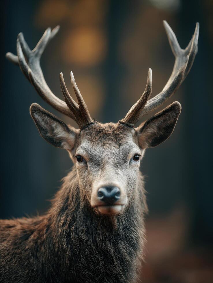 A noble buck with serene eyes surveys the forest at sunrise photo