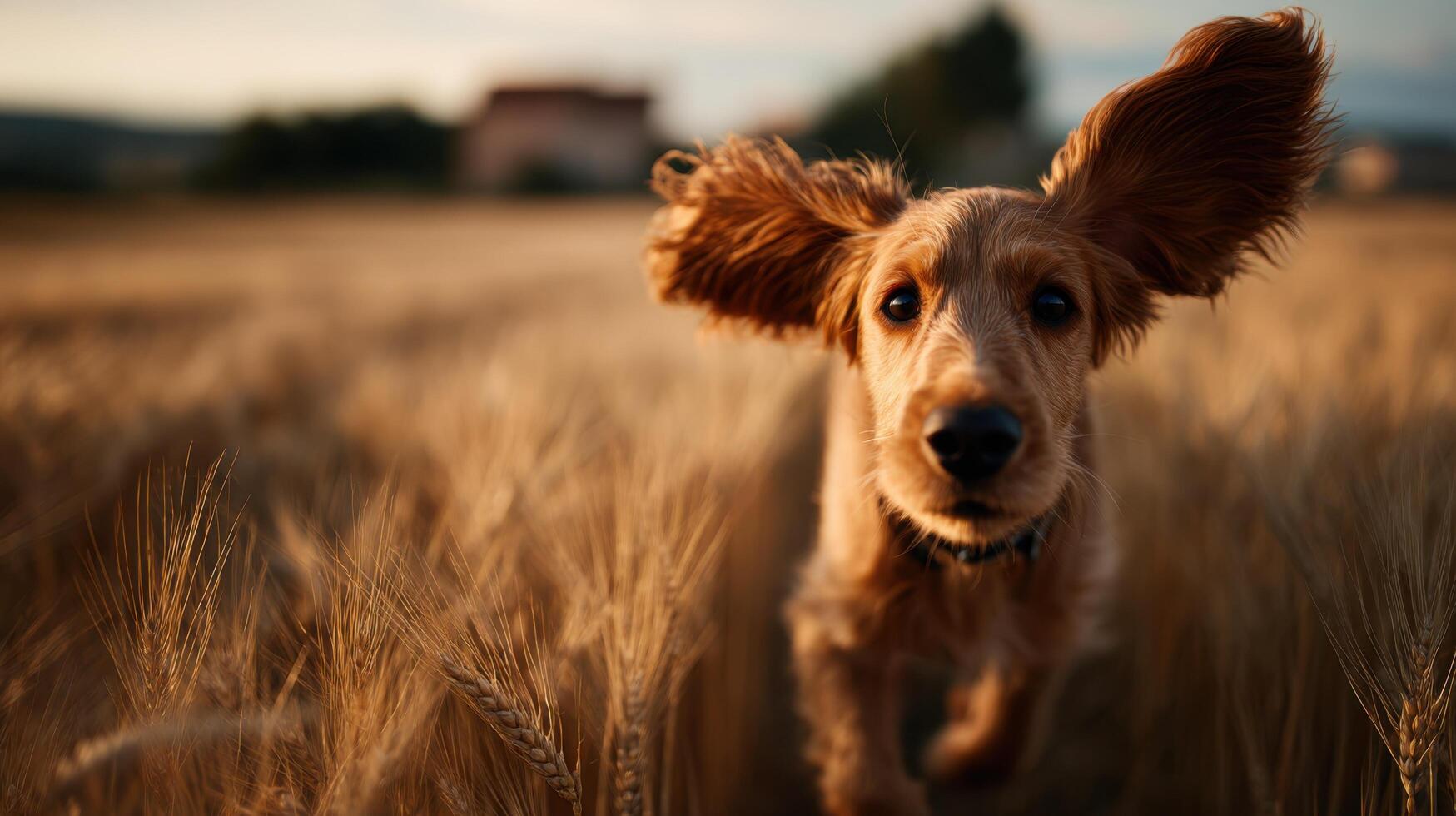 A joyful dog experiences pure bliss running in golden grain field photo