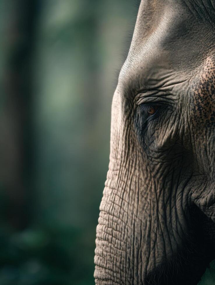 A knowing old elephant observes peacefully in the green forest photo